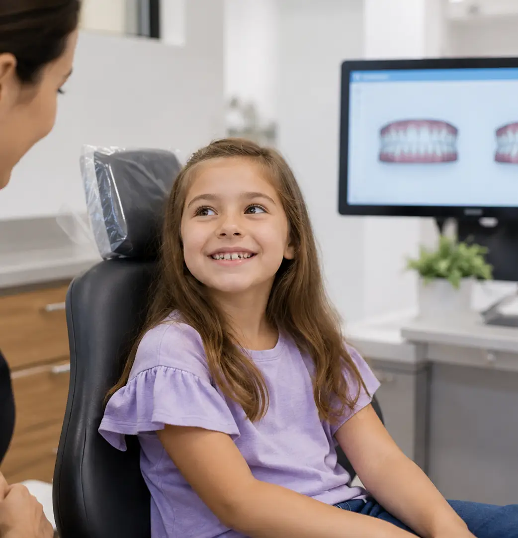Orthodontist Dr. Feller playfully raises his arms behind a patient exam chair while four children in white coats smile and laugh around the chair in a bright orthodontic office.